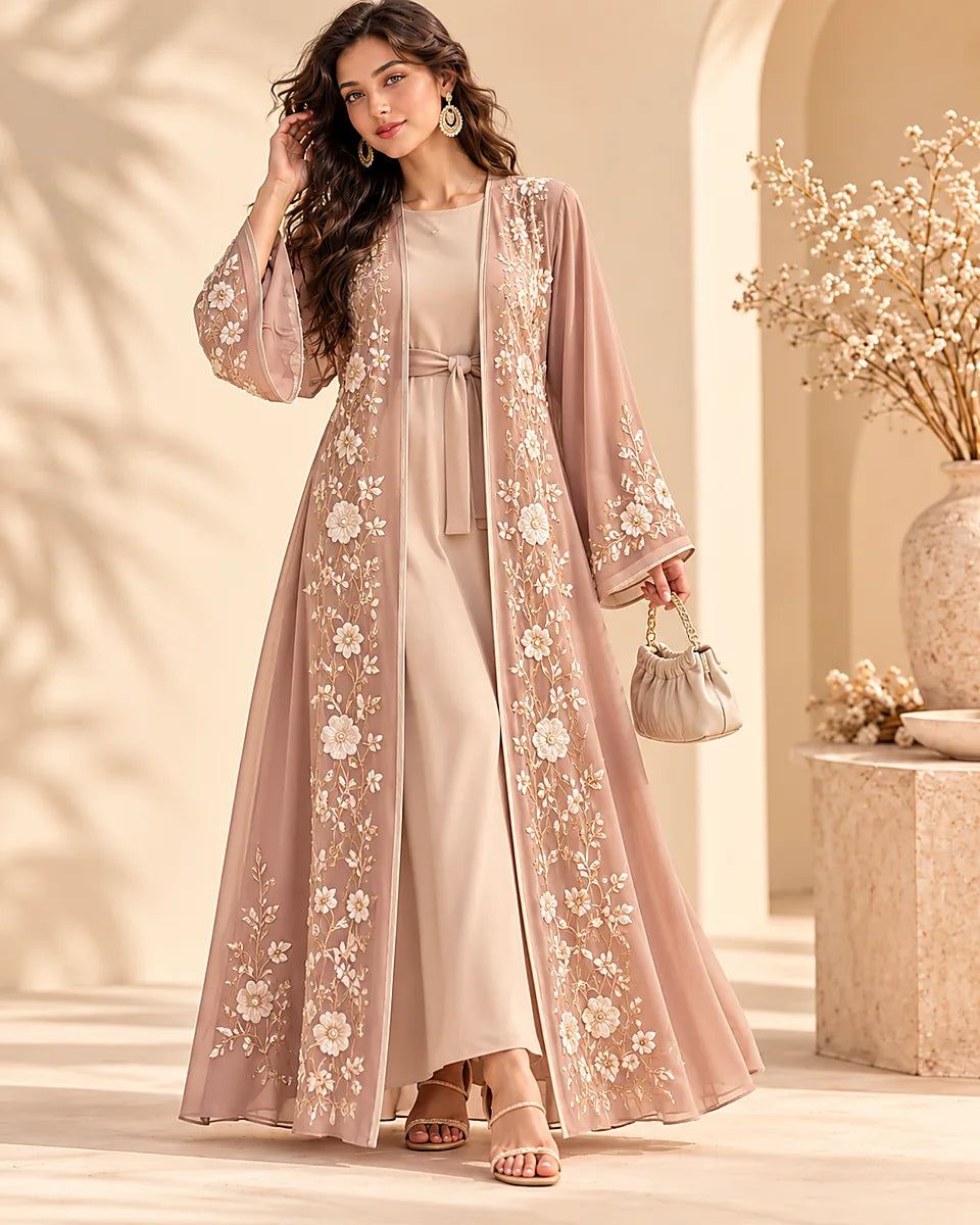 AI-generated preview of Dusty Rose Embroidered Open Abaya; design and supplier not yet confirmed