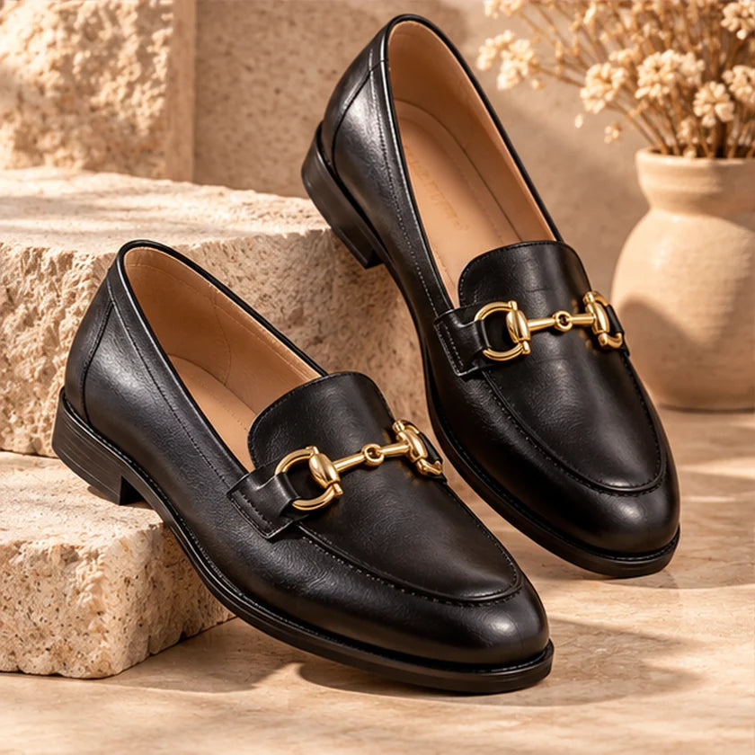 Illustrative product concept: Black Gold-Buckle Loafers